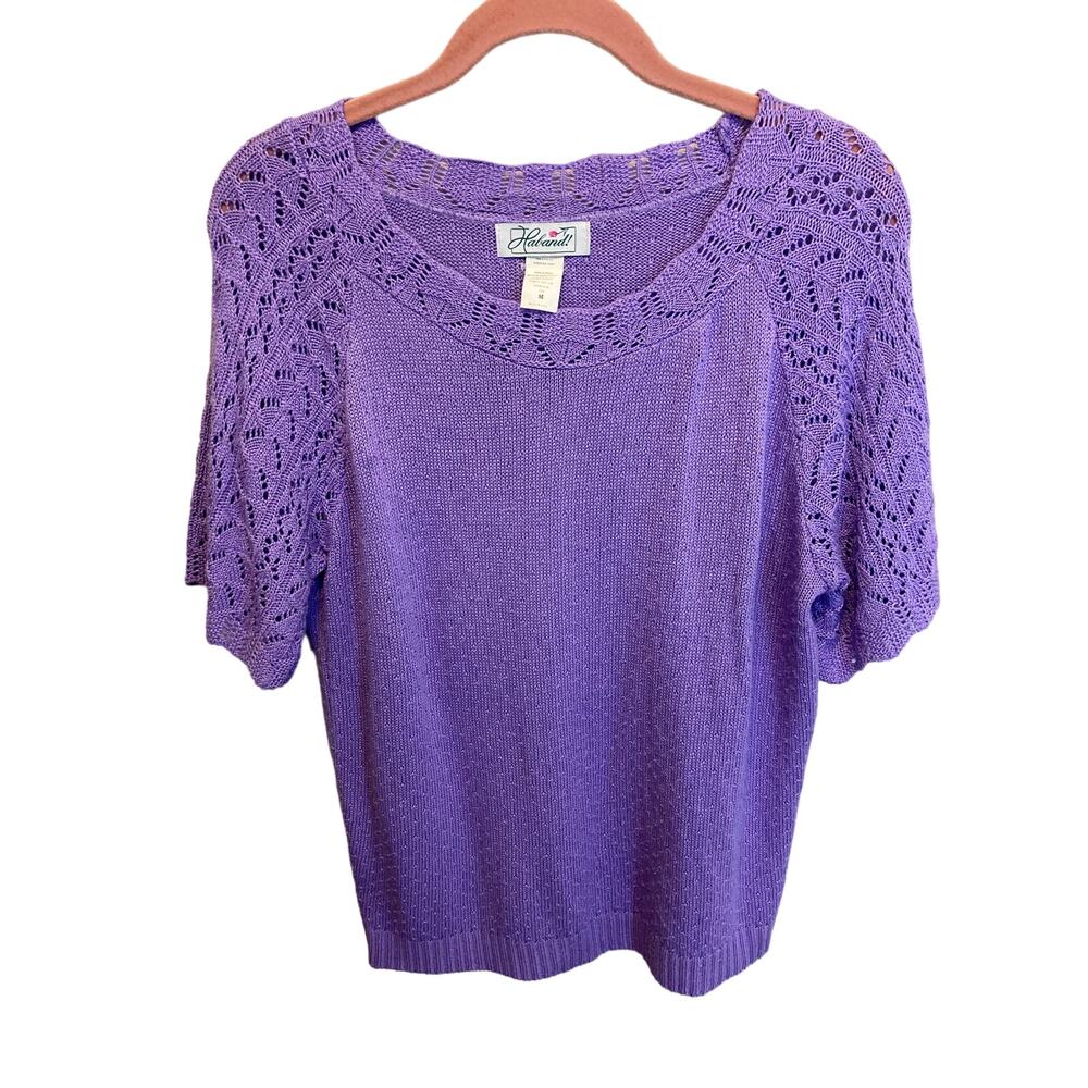 90's Vintage Haband Knit Purple Short Sleeve Dainty Eyelet Sweater Top Medium